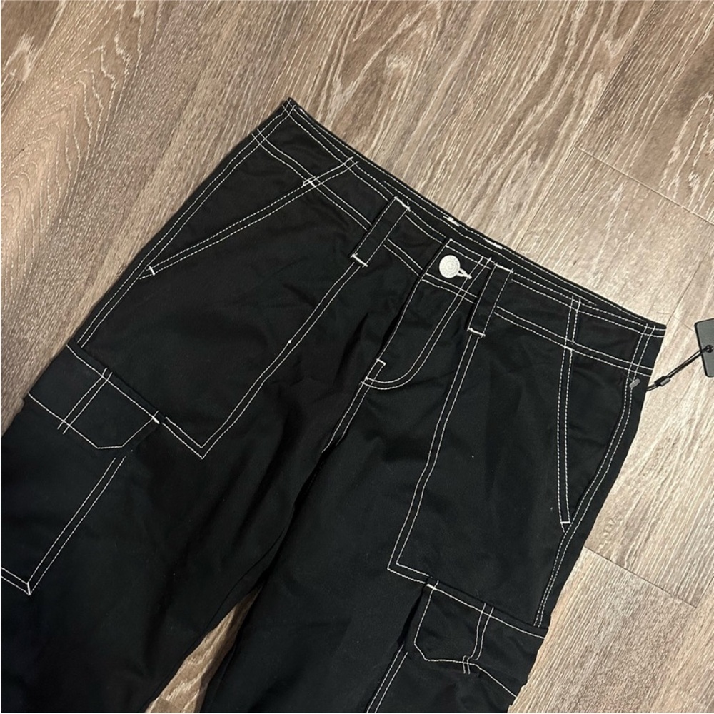 True Religion Jet Black Military Cargo Black Pants With White Stitching Size 26 - Picture 12 of 13